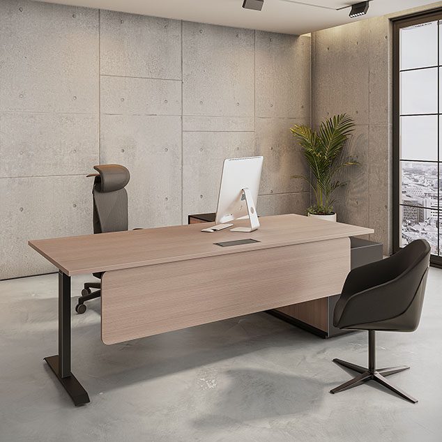 Ergo - Office Table Modern executive office with light wood Office Table, concrete walls, ergonomic chair, and a plant by the window.