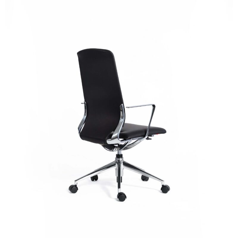 Close-up product photo of a high-back executive swivel chairs with black leather or upholstery, polished chrome frame, armrests, and a five-star base with casters, set against a pure white background.