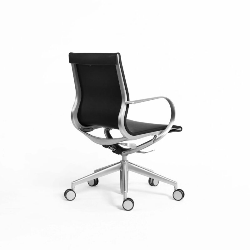 Sleek, black leather low-back office chair with a polished aluminium frame, swivel base, and casters on a white background.