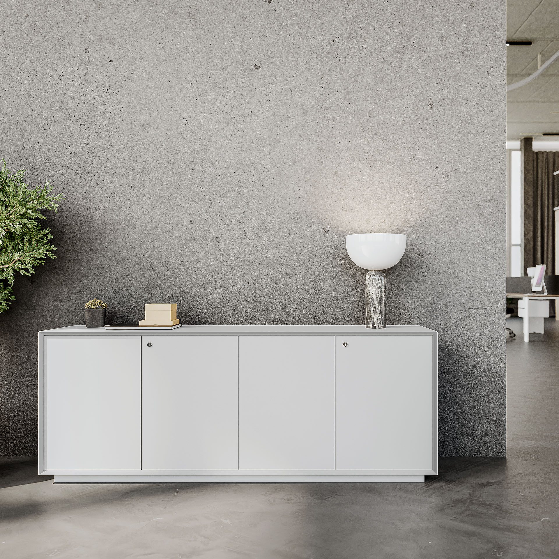 An image of a white cabinet used for storage in an office