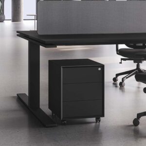 An under desk storage cabinet with wheels