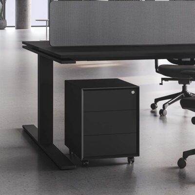 An under desk storage cabinet with wheels