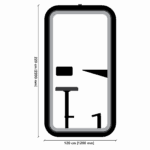 Technical floor plan of the Urban 411 Smart One Plus single office pod, showing dimensions of 220 cm in height and 120 cm in width, featuring an internal stool and work ledge.