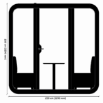 A technical dimension diagram for a square Urban 411 meeting pod, measuring 220 cm by 220 cm, featuring two internal benches and a central meeting table.