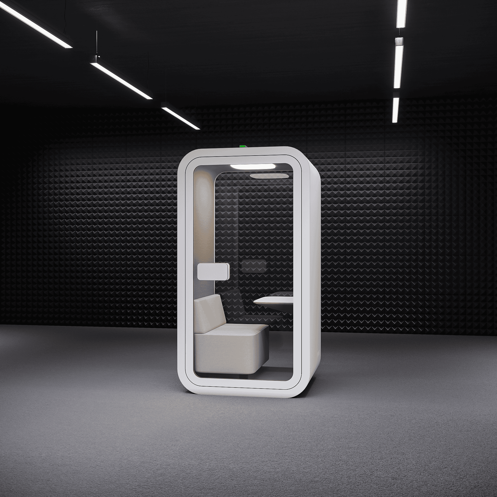 A white Urban 411 Smart One lounge office pod featuring a comfortable cream-colored single sofa seat, integrated work desk, and internal lighting for private focus sessions.