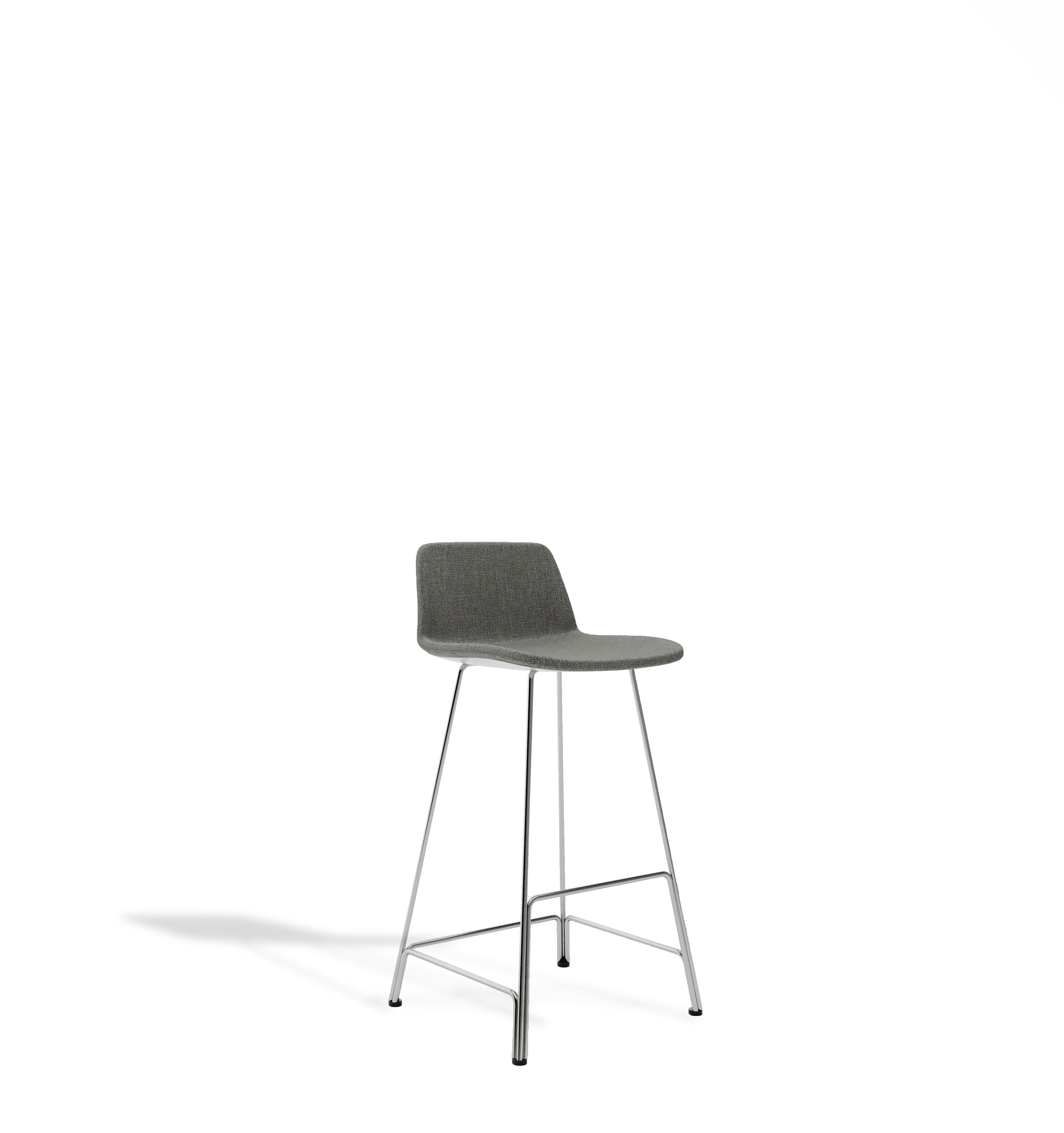 Minimalist high grey fabric upholstered office bar stool with thin chrome legs on a white background.