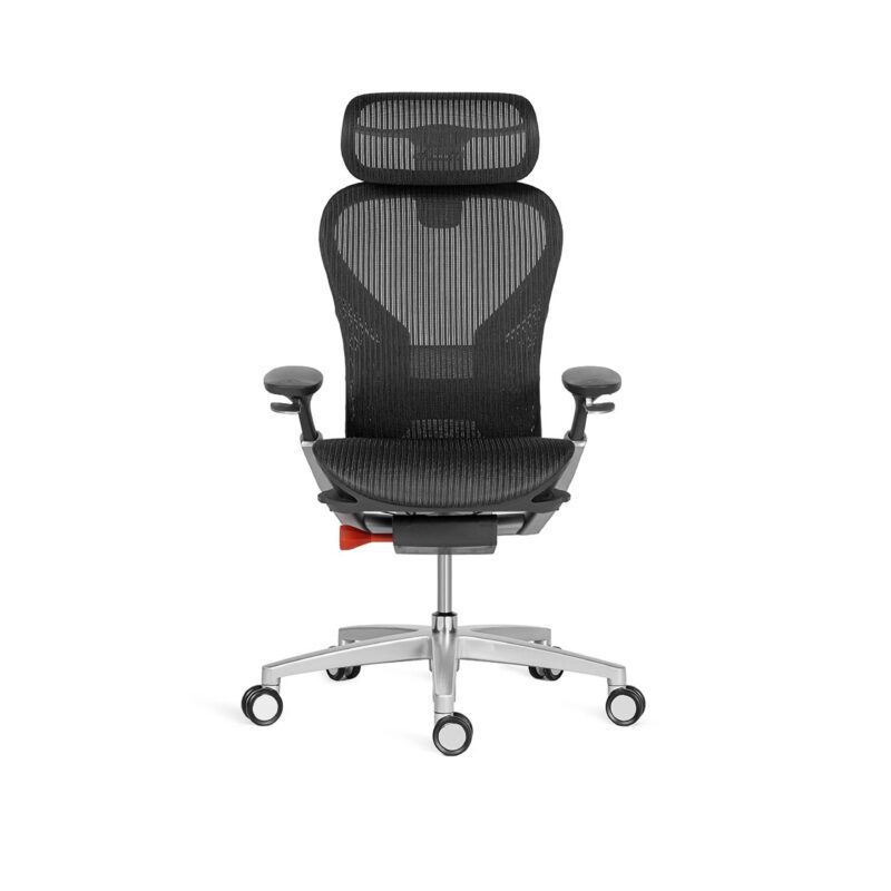 A modern, ergonomic office swivel chair shown in profile against a white background. The chair features a high back and headrest made of black mesh material for breathability. It has adjustable black armrests, an adjustable lumbar support mechanism (indicated by an orange lever near the base), and a silver/light gray frame supporting the seat and five-star base with casters.