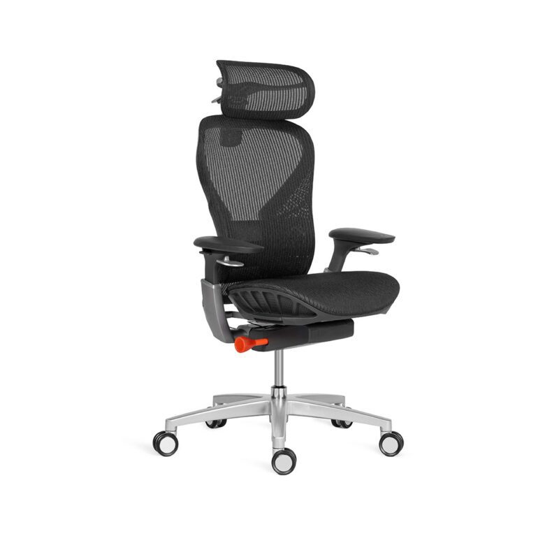 Black high-back ergonomic mesh office chair with adjustable headrest, lumbar support, and polished silver base on white background.