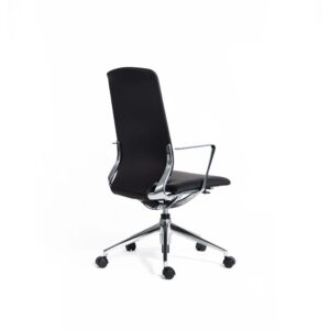Sleek black high-back leather swivel chair with chrome armrests and base on a white background.