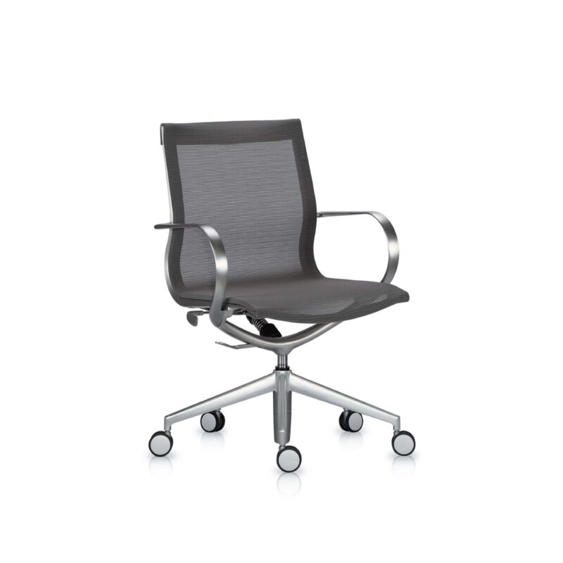 A modern office chair featuring a dark grey mesh back and seat, sleek silver aluminum loop armrests, and a five-star metal base with casters, set against a plain white background.
