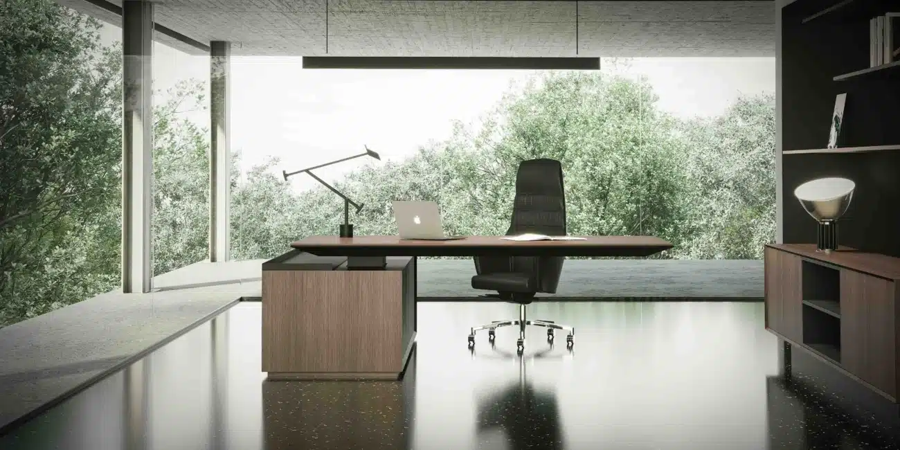 Dark executive desk with a high-back black leather chair, wood storage unit, and expansive window view for luxury office furniture.