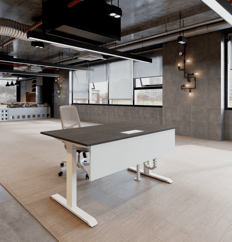 Modern white standing desk with a dark tabletop, featuring exposed mechanical lifting columns, set in a contemporary industrial-style office with exposed ductwork and concrete walls.