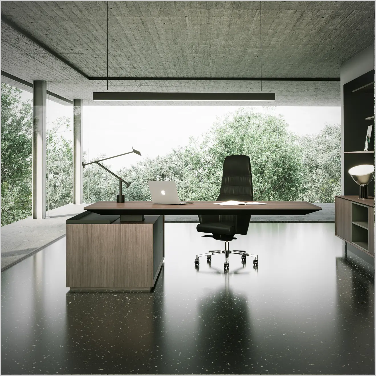 Luxurious modern executive office furniture setup featuring a sleek dark wood desk with an integrated low credenza and a high-back black leather ergonomic chair. The room has a concrete ceiling and highly polished dark floor, with expansive curved windows offering views of lush greenery.
