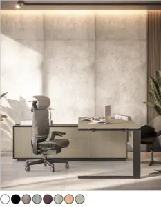 Modern executive office furniture featuring a sleek desk, textured walls, and a high-back adjustable ergonomic office chair with a headrest.