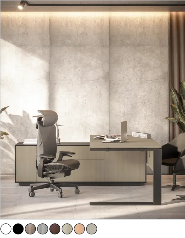 Modern executive office furniture featuring a sleek desk, textured walls, and a high-back adjustable ergonomic office chair with a headrest.