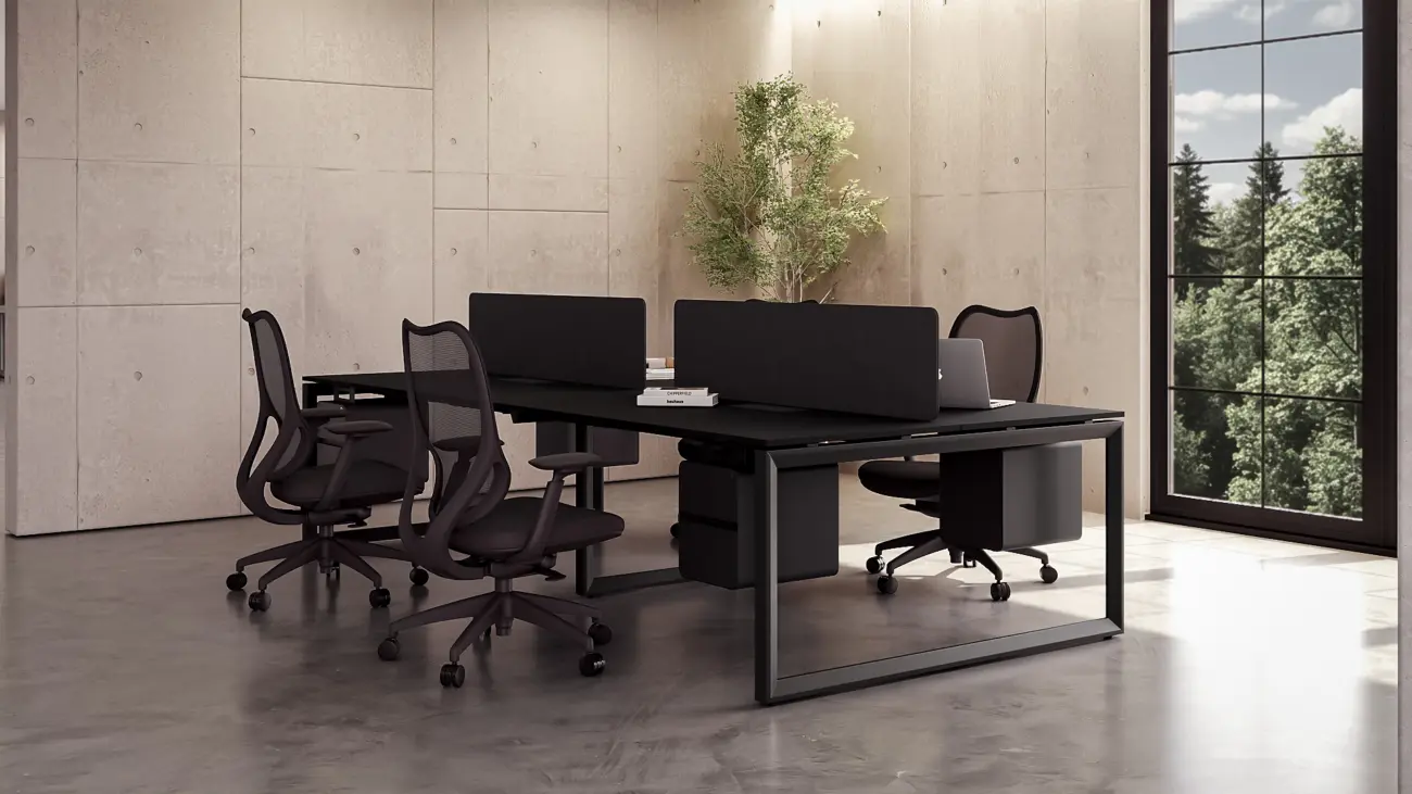 A black B52 cluster workstation by Urban 411 featuring integrated privacy screens, four ergonomic mesh task chairs, and under-desk storage in a modern industrial office setting.