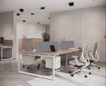 Minimalist shared office workstation with light wood desks, grey dividers, and ergonomic mesh office chairs.