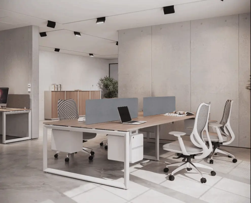 Minimalist shared office workstation with light wood desks, grey dividers, and ergonomic mesh office chairs.