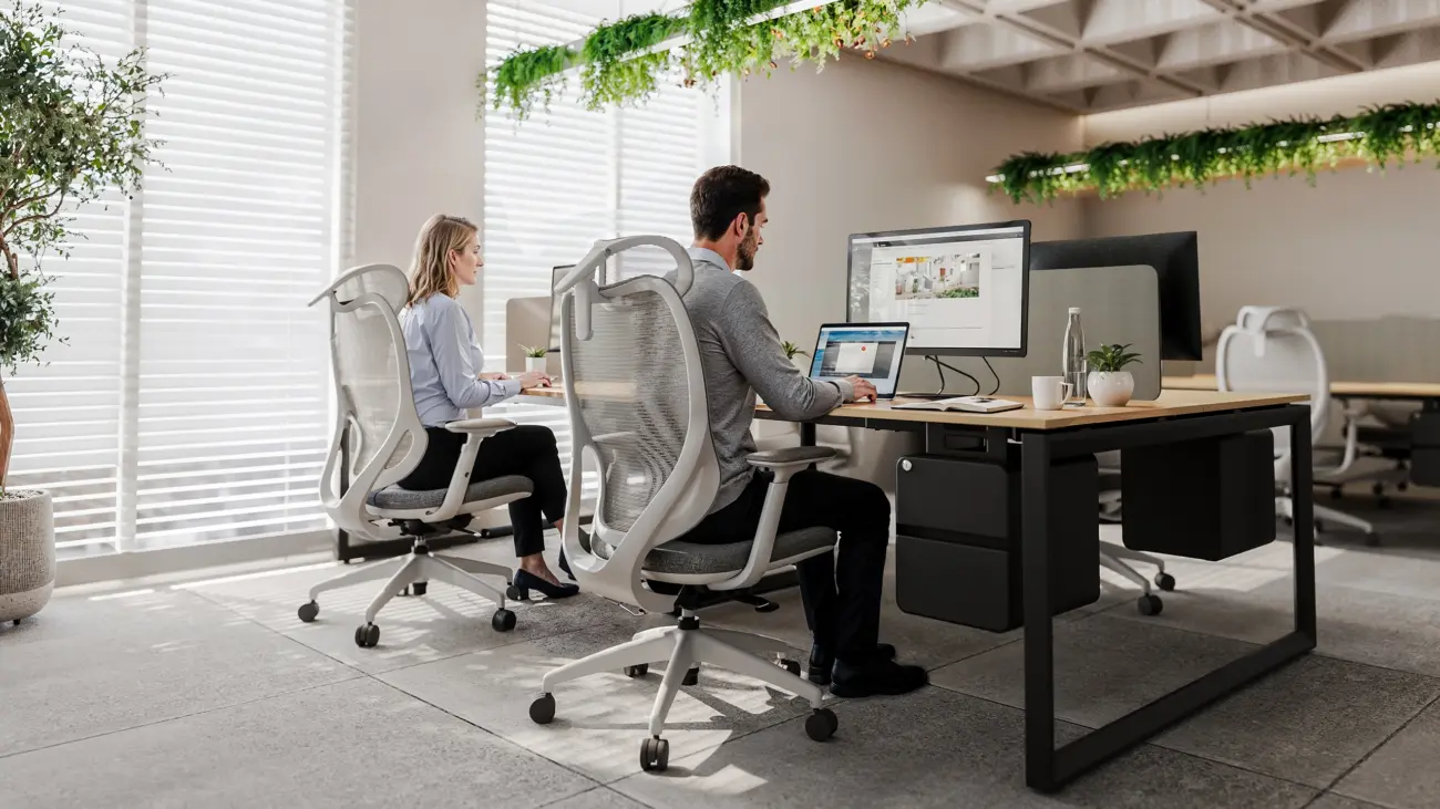 Two professionals working at a modern collaborative workstation with ergonomic mesh office chairs and dual monitor setups in a bright office space.