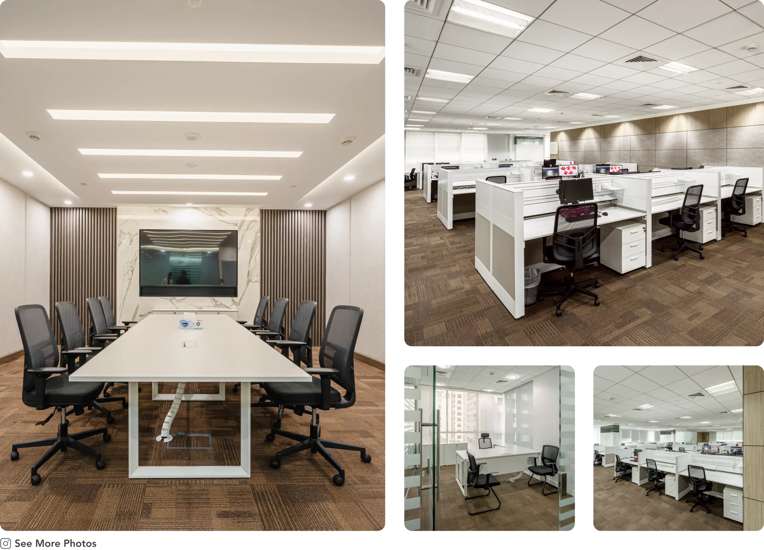 A collage showing a modern office interior by Urban 411, featuring a bright conference room with a long white table and black mesh chairs, an open-plan workspace with white modular cubicles, and a private glass-walled executive office.