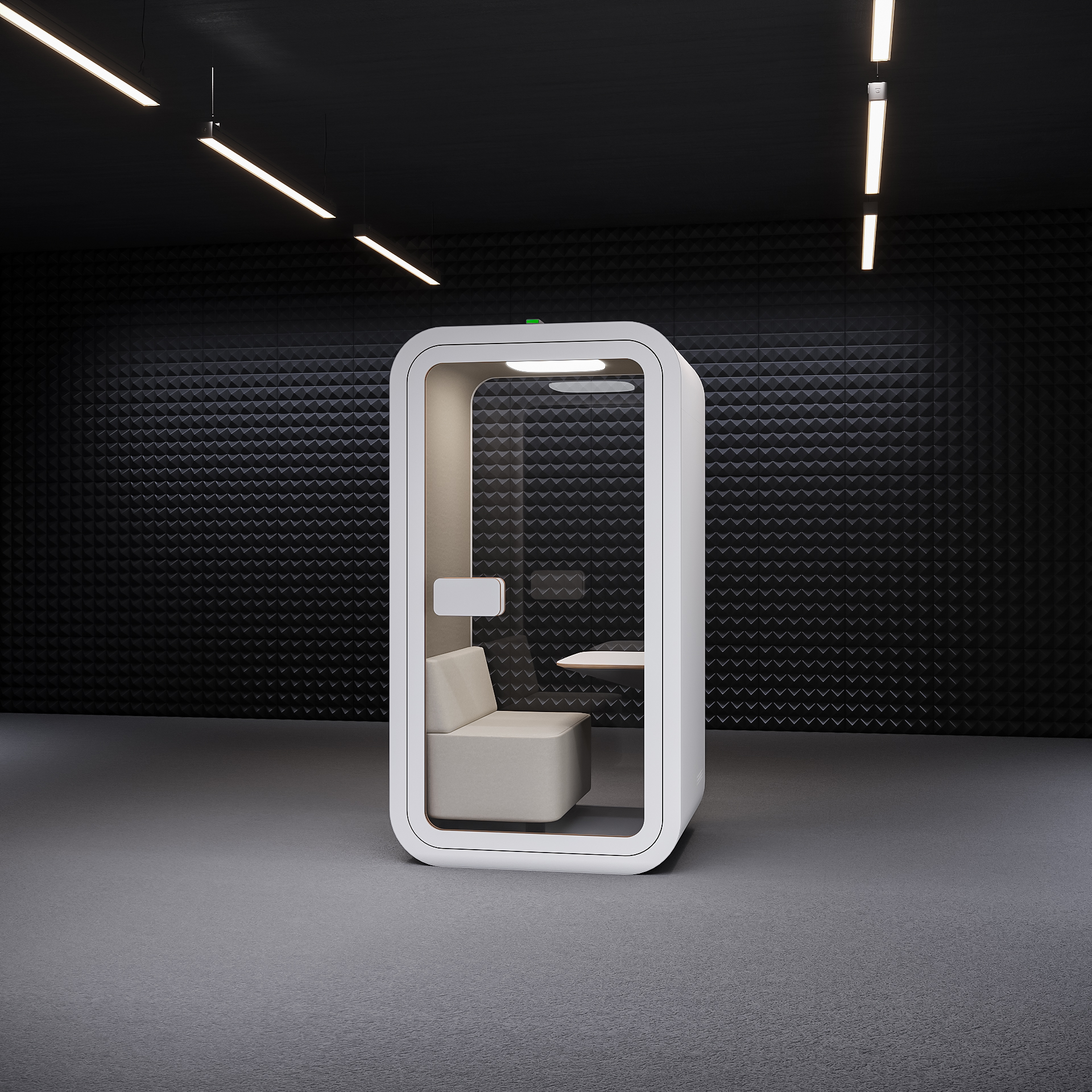 A white Urban 411 Smart One lounge office pod featuring a comfortable cream-colored single sofa seat, integrated work desk, and internal lighting for private focus sessions.